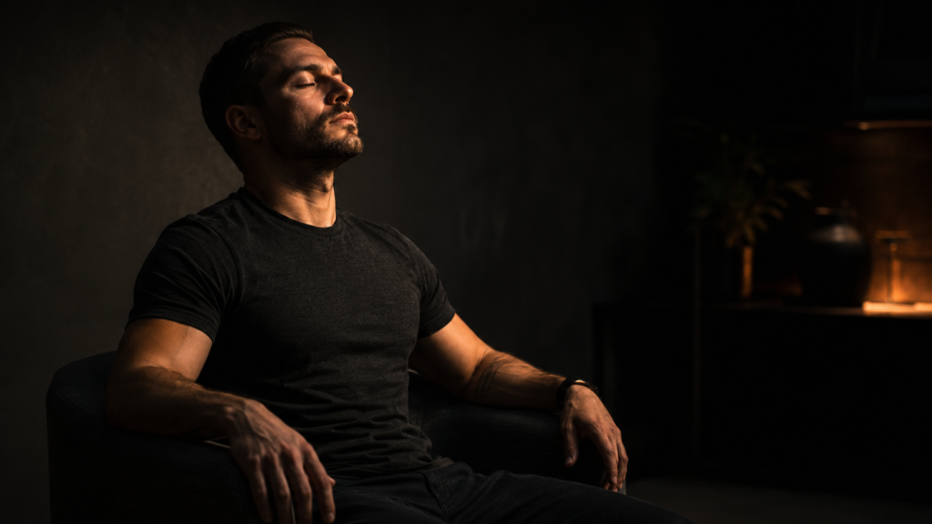 Man practicing a deep breathing technique in a dark room to reduce stress, calm the nervous system, and improve mental clarity.