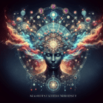 A mystical digital artwork of a person’s face with eyes closed, symbolizing a deep meditative state. Streams of colorful energy flow outward from the head, merging with intricate symbols of manifestation and spiritual growth, creating an ethereal aura. The words "Manifestation Mindset" appear below, highlighting the theme of positive thinking and mental focus.