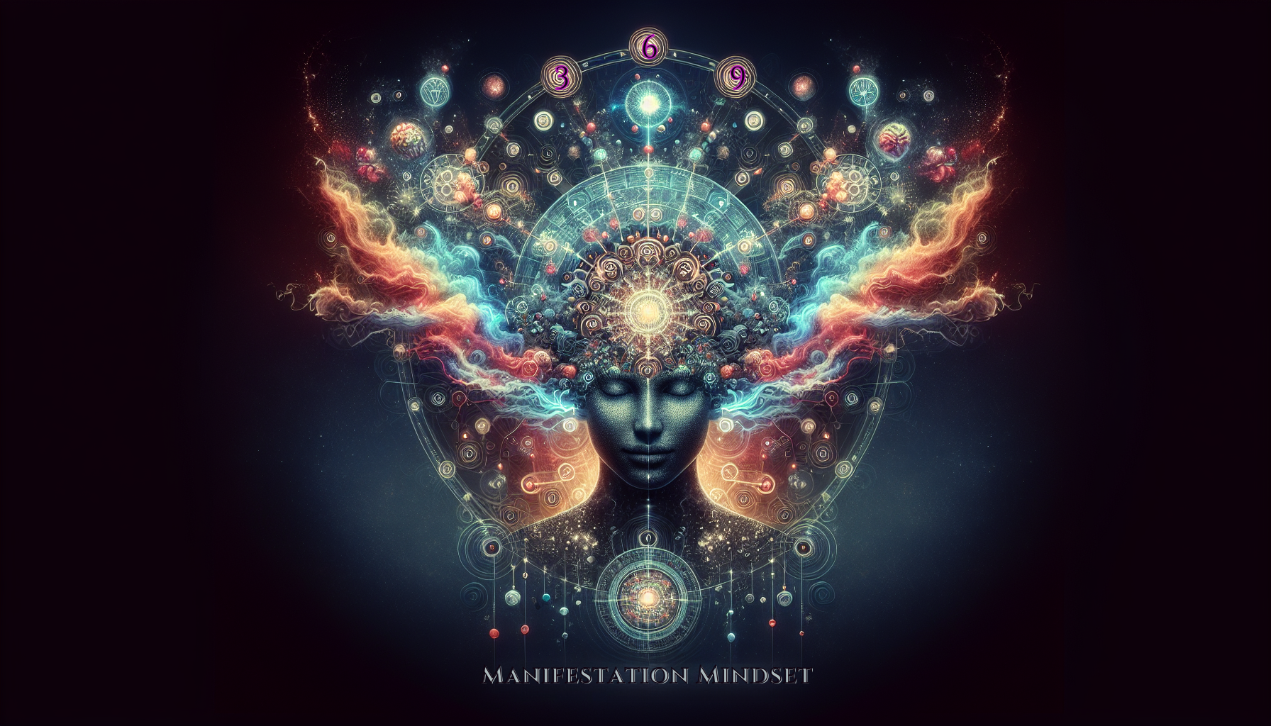 A mystical digital artwork of a person’s face with eyes closed, symbolizing a deep meditative state. Streams of colorful energy flow outward from the head, merging with intricate symbols of manifestation and spiritual growth, creating an ethereal aura. The words "Manifestation Mindset" appear below, highlighting the theme of positive thinking and mental focus.