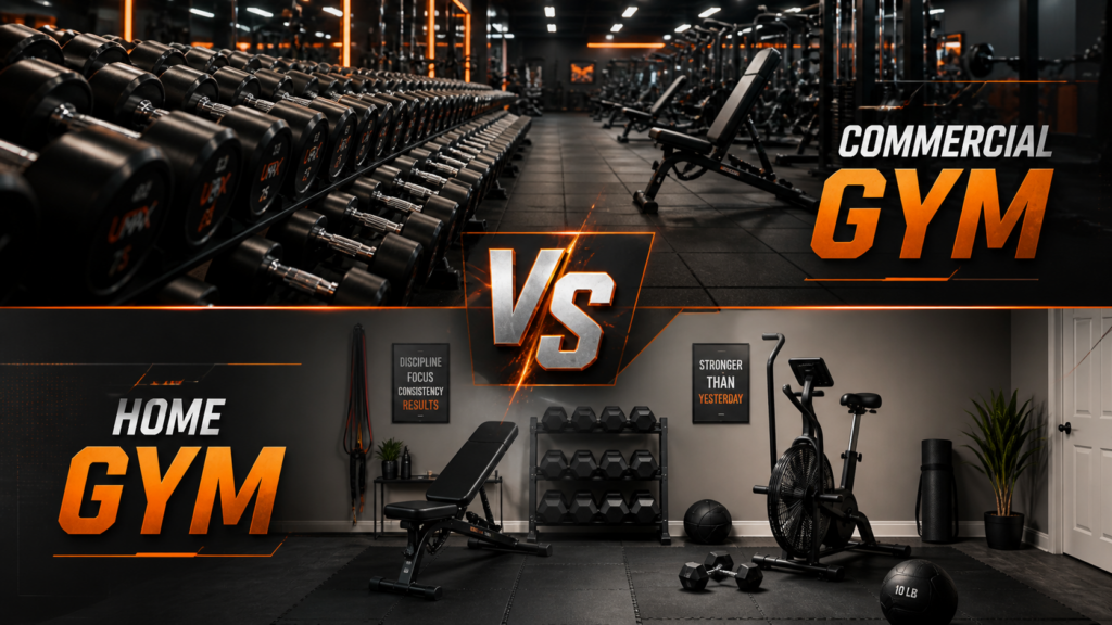 Split image comparing a commercial gym and a home gym, with a bold VS in the center