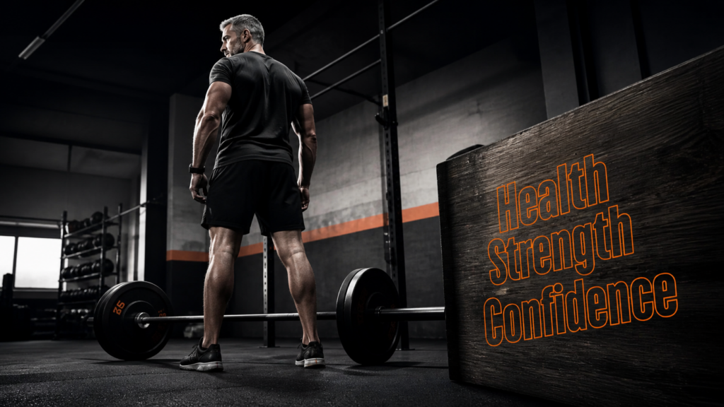 Man over 40 standing in a gym beside a barbell, representing health, strength, and confidence after 40