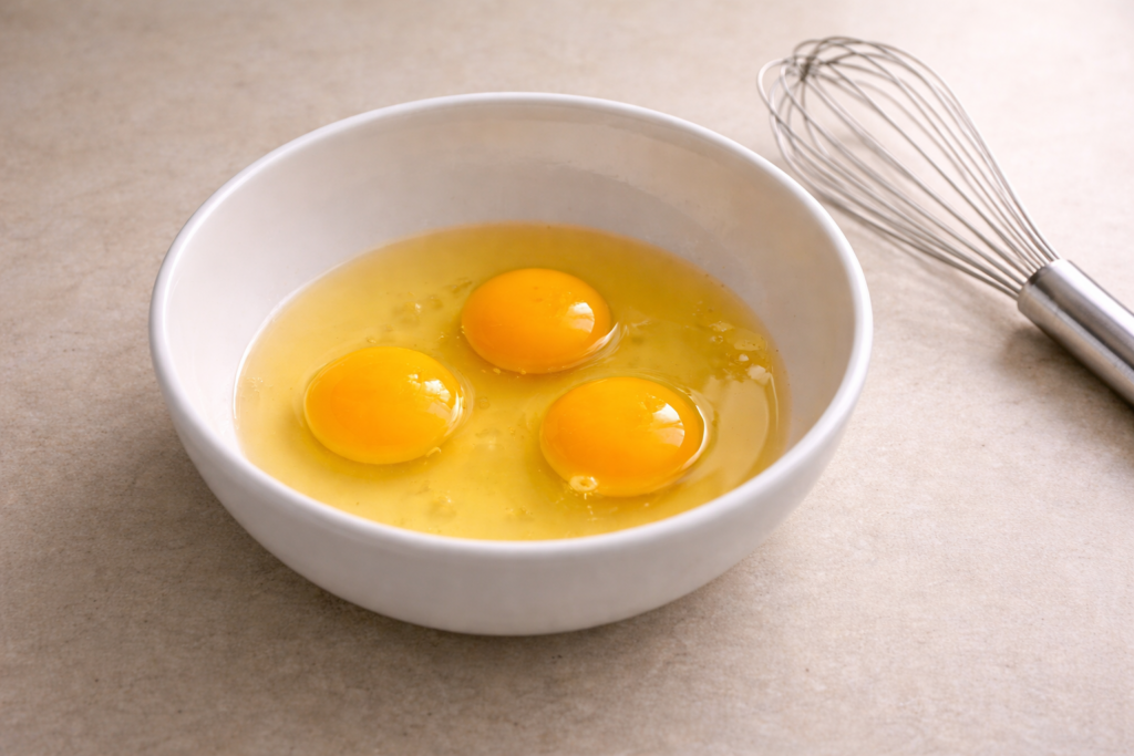three cracked eggs in white bowl with whisk ready for high protein egg meal