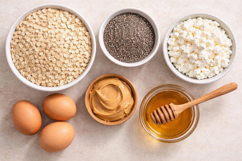 whole rolled oats chia seeds honey peanut butter and eggs for a high-protein breakfast