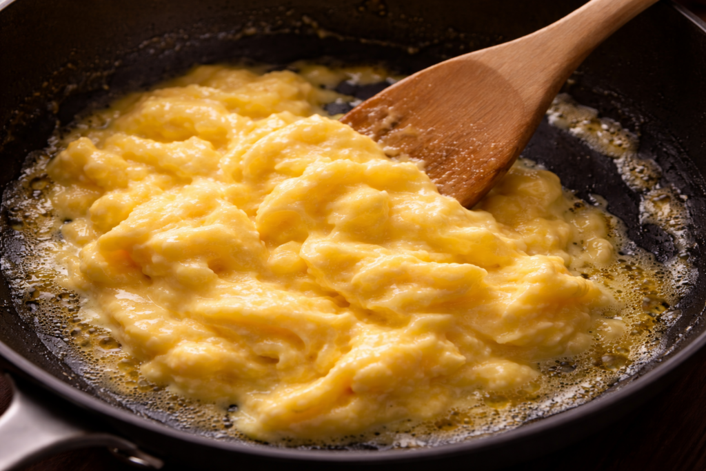 creamy scrambled eggs folding in pan with butter for high protein egg meal
