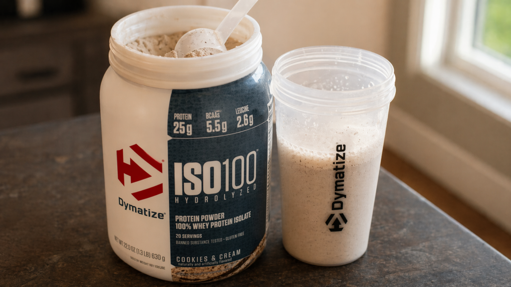 dymatize iso100 hydrolyzed whey protein isolate cookies and cream scoop and shaker