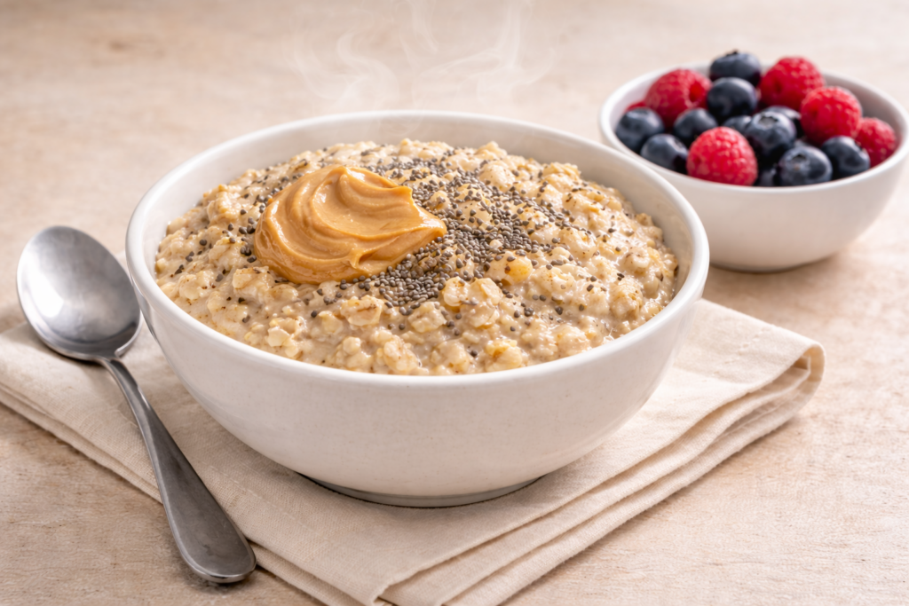 warm oats bowl closeup:
warm high-protein oats breakfast recipe with peanut butter chia seeds and honey