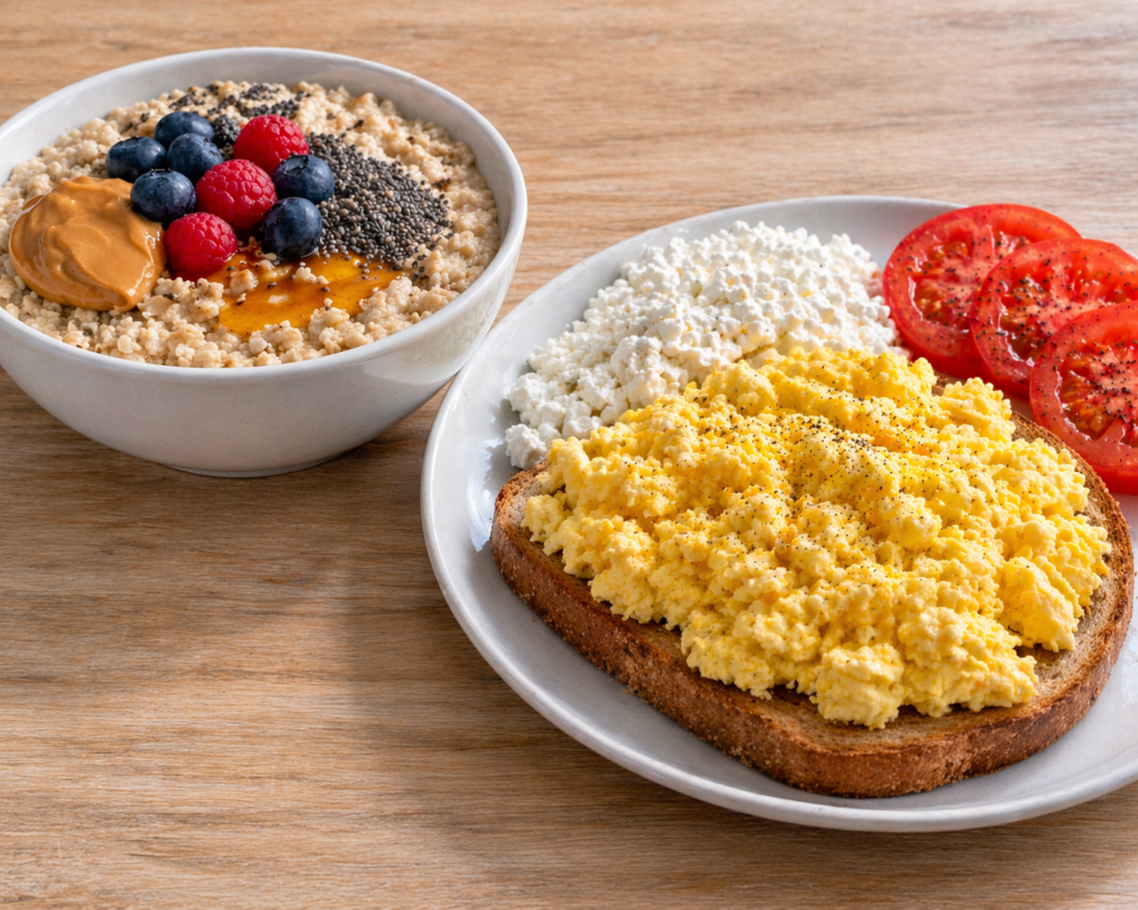 high-protein breakfast spread with oats protein powder eggs and cottage cheese