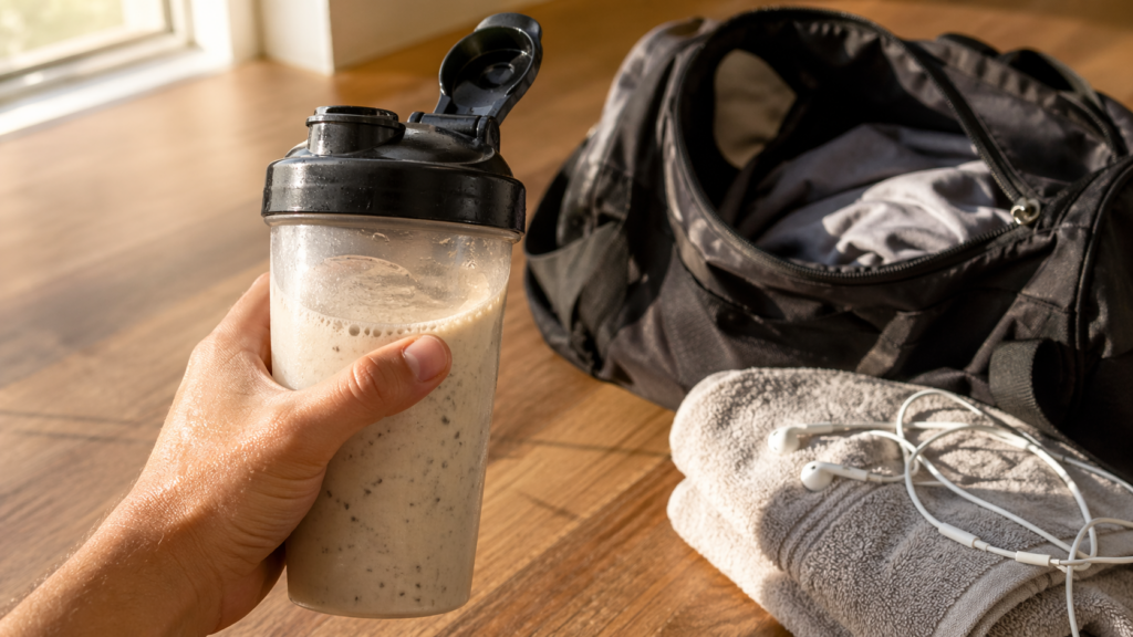 protein shakes worth it post workout shaker bottle and gym bag natural light
