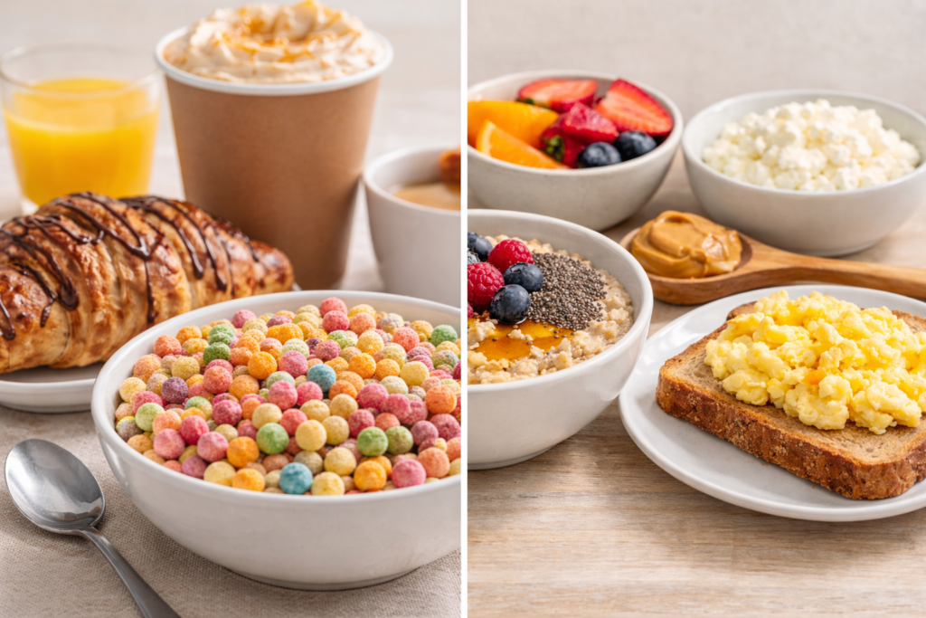 comparison of sugary cereal versus healthy high-protein breakfast foods