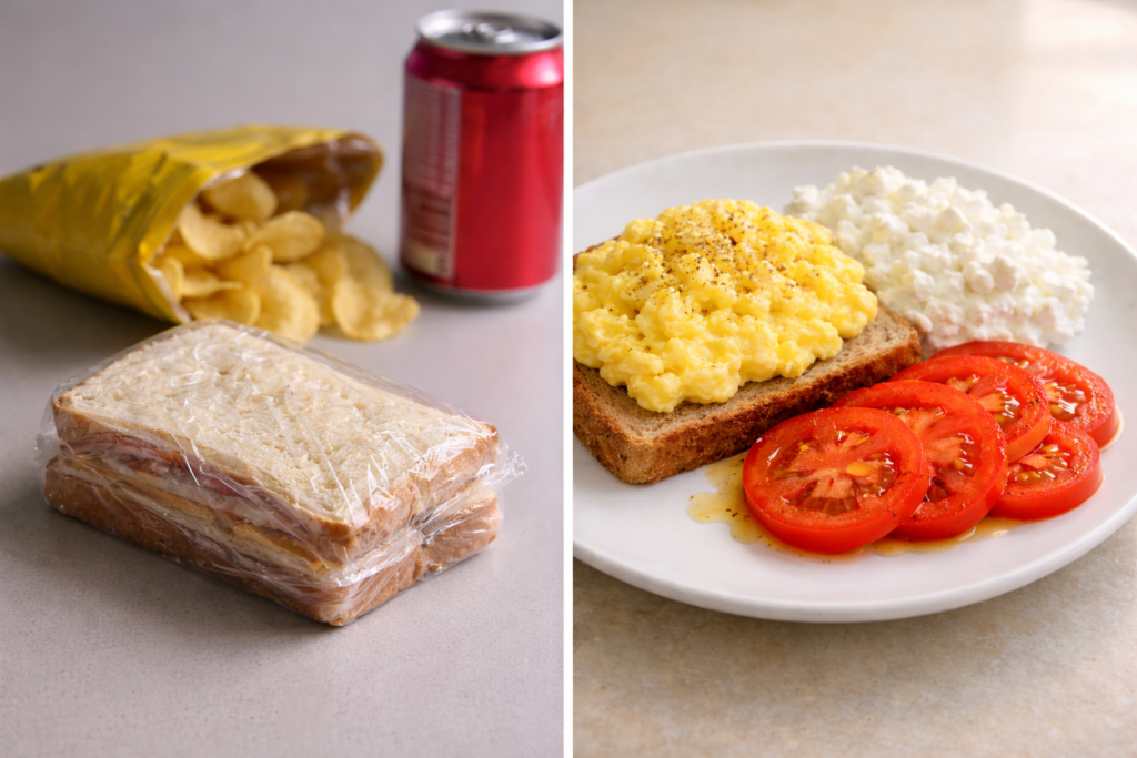 packaged sandwich and crisps versus high protein egg meal with scrambled eggs and cottage cheese
