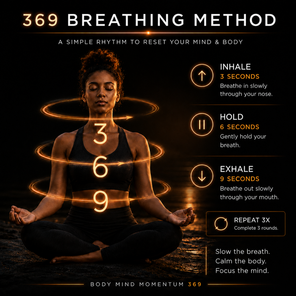 369 Breathing Method infographic showing inhale for 3 seconds, hold for 6 seconds, and exhale for 9 seconds to calm the nervous system.