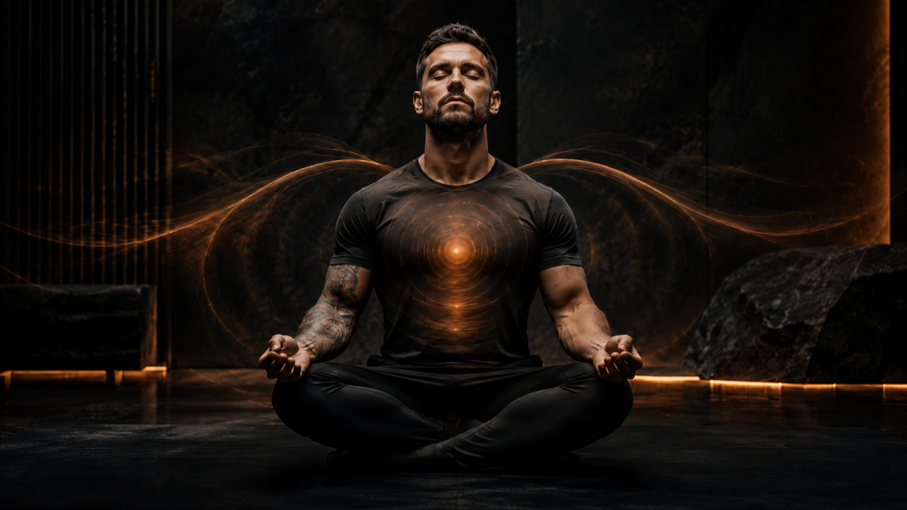 Man meditating in a dark cinematic setting with orange energy waves from the chest, representing breathing techniques for mind, body, and spirit.