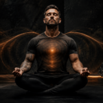 Man meditating in a dark cinematic setting with orange energy waves from the chest, representing breathing techniques for mind, body, and spirit.