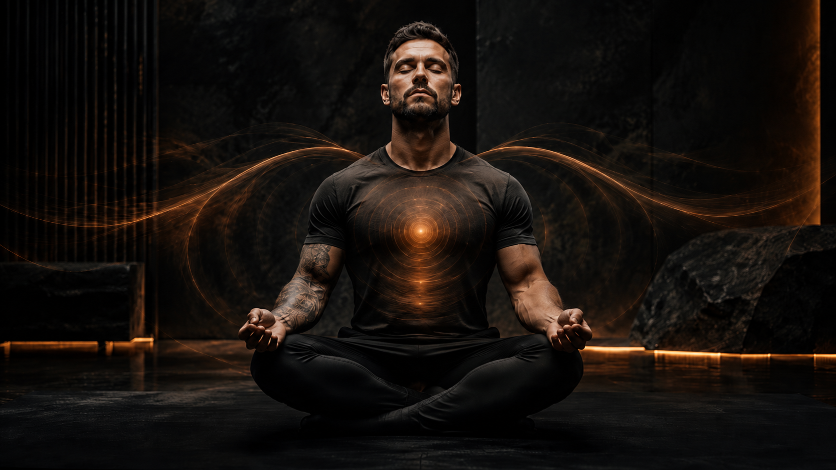 Man meditating in a dark cinematic setting with orange energy waves from the chest, representing breathing techniques for mind, body, and spirit.