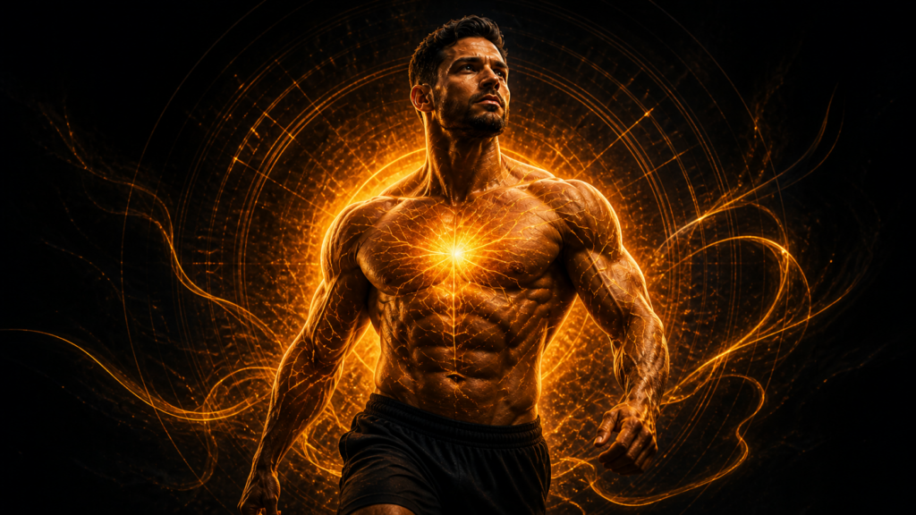 Athletic man with glowing chest energy symbolizing inner strength, action, and the power of 369