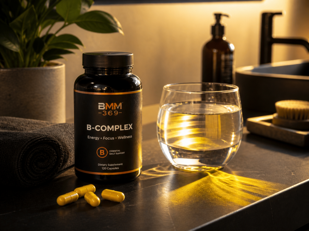 B-complex supplement bottle with yellow capsules and a glass of water in warm light, representing energy and riboflavin