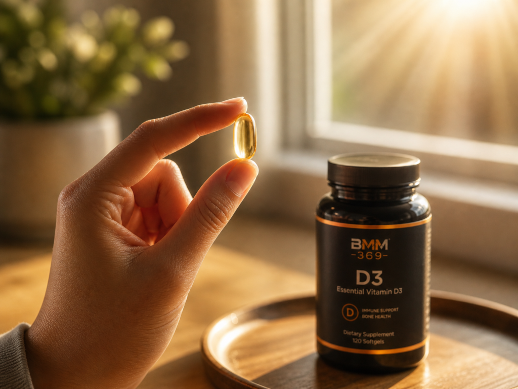 Vitamin D3 softgel held in warm sunlight beside a branded D3 supplement bottle