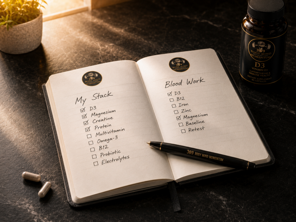 BMM369 supplement stack notebook with blood work checklist on dark countertop