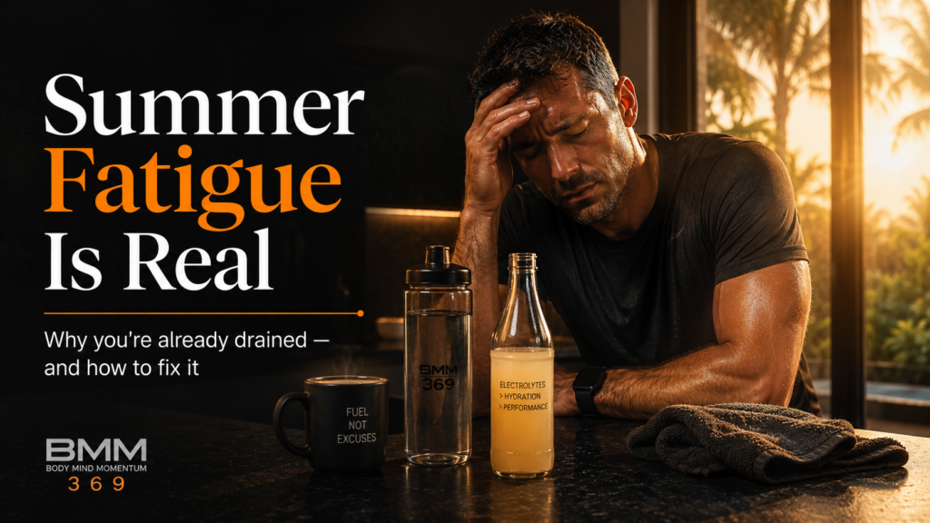Man feeling exhausted from summer heat with water, electrolytes, and coffee on a dark table