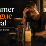 Man feeling exhausted from summer heat with water, electrolytes, and coffee on a dark table