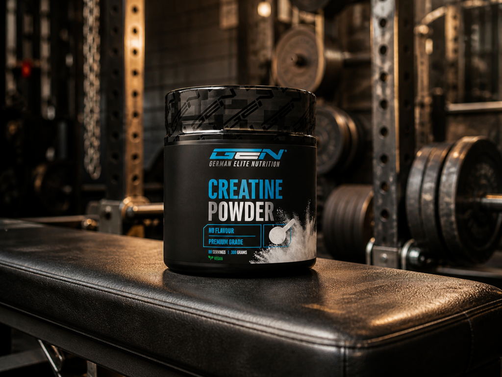 Creatine powder tub on a weight bench inside a serious training gym with a power rack and iron plates in the background