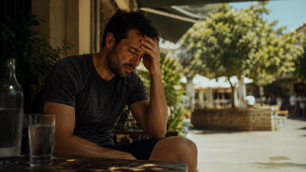 Man sitting in the shade feeling tired and drained from summer heat