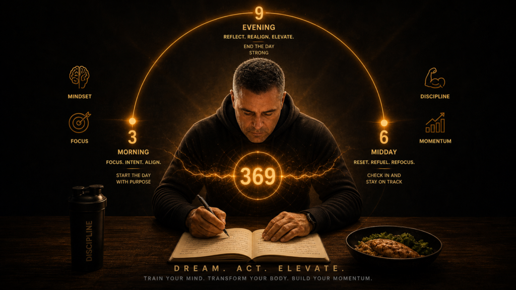 Man writing in a journal with glowing 369 energy, representing mindset, focus, discipline, and the 369 Method
