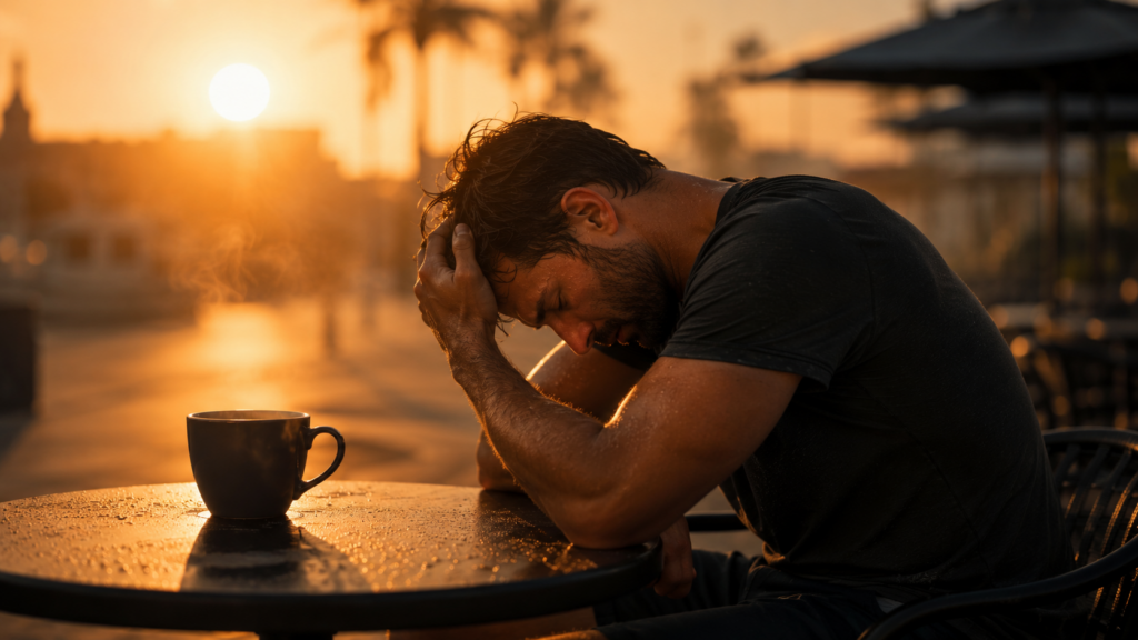 Sweaty man resting his head on an outdoor table during extreme summer heat
