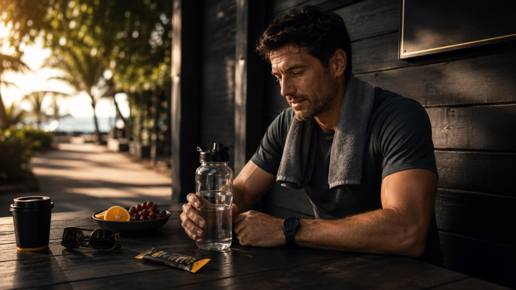 Man drinking water after exercise to fight summer fatigue, with an electrolyte packet and healthy snacks on the table.