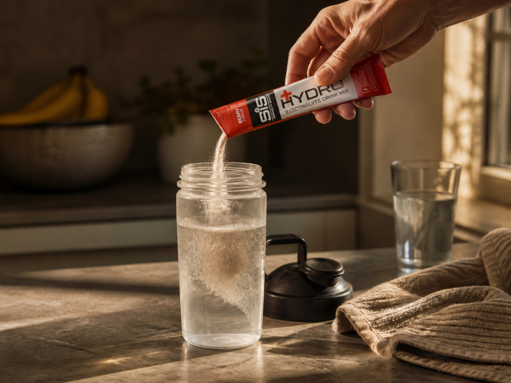 Hand pouring electrolyte powder into a clear workout bottle, representing hydration and electrolyte support