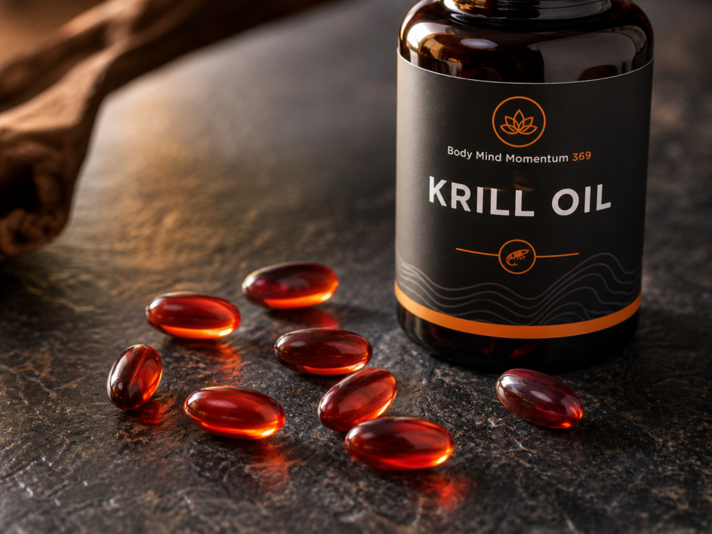 Deep red-orange krill oil capsules beside a branded krill oil bottle on a dark stone surface