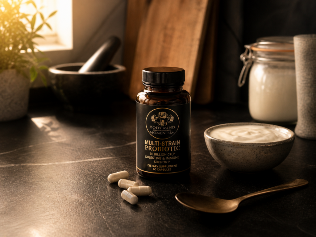 Branded probiotic supplement bottle with capsules and yogurt on a dark kitchen counter