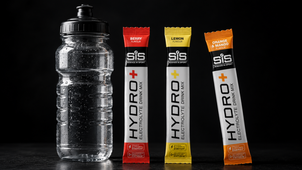Electrolyte drink mix sachets next to a water bottle for summer hydration support