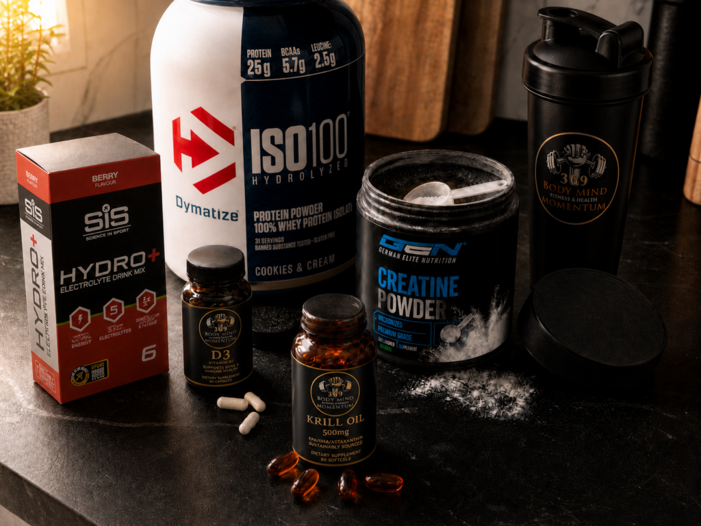 supplements worth taking arranged on a dark kitchen counter