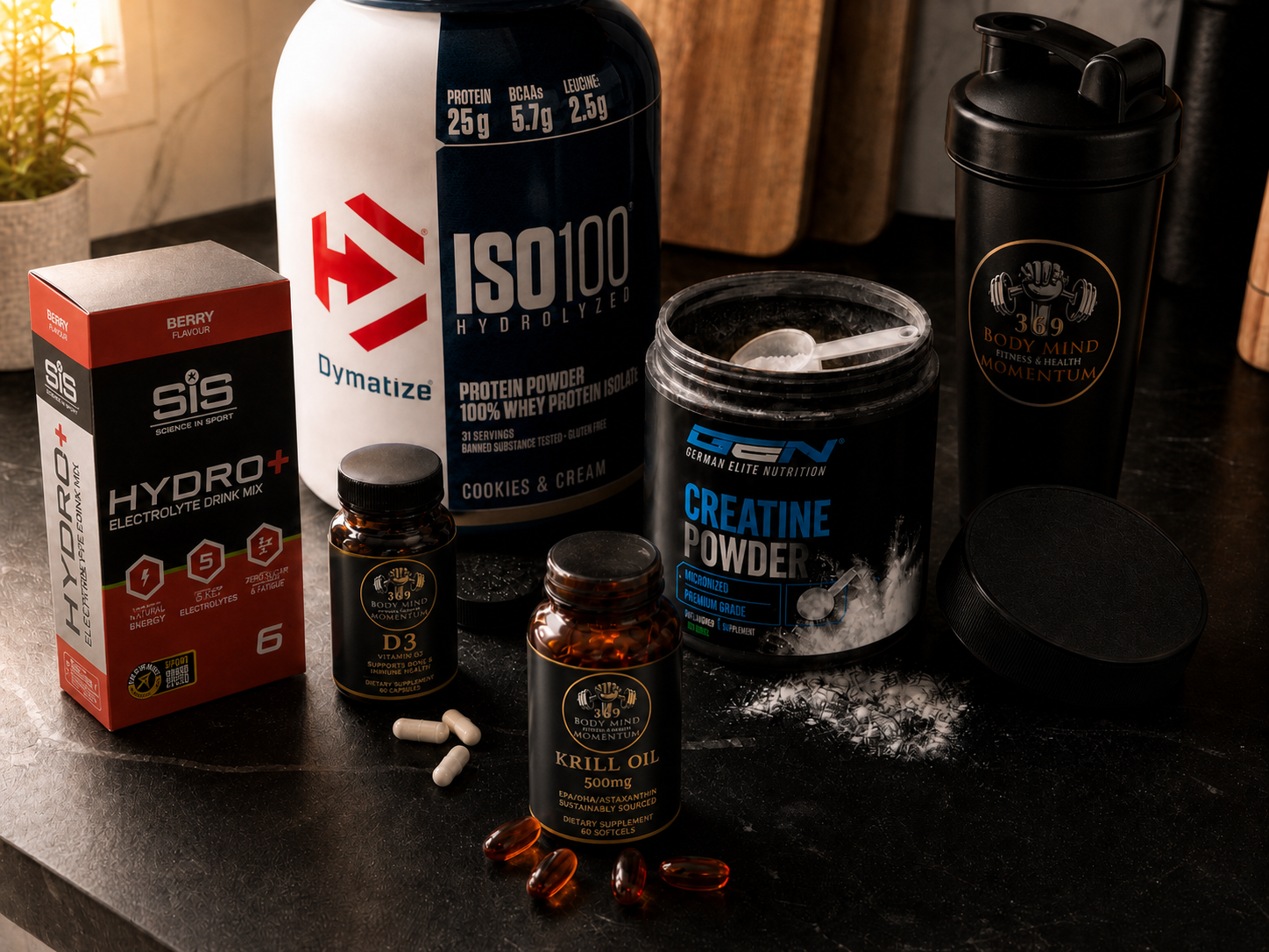 supplements worth taking arranged on a dark kitchen counter