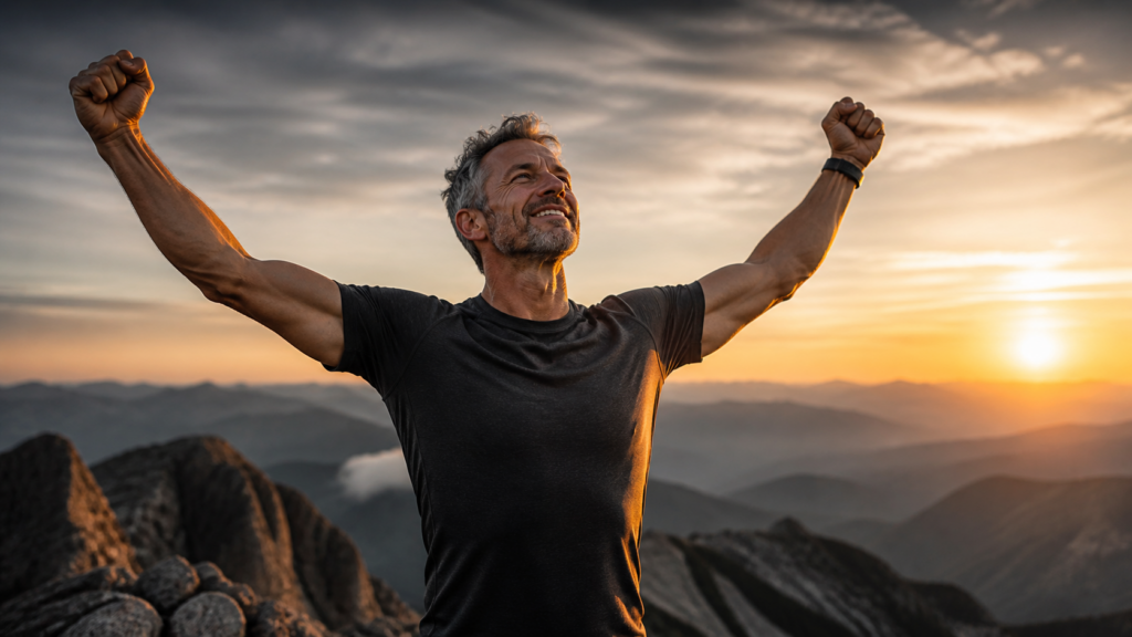 Man over 40 celebrating on a mountain at sunrise, representing strength, health, confidence, and life transformation