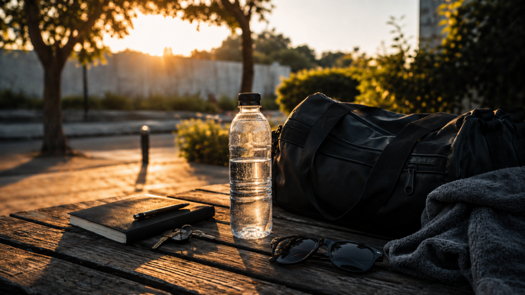 Water bottle beside a gym bag and towel for staying hydrated in summer