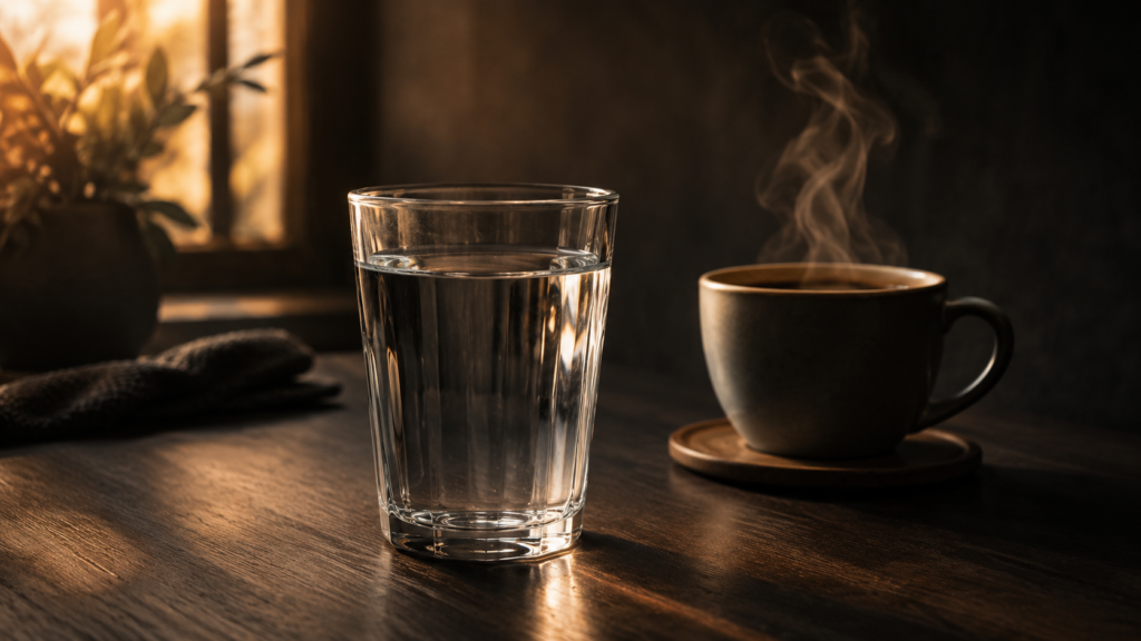 Glass of water beside a coffee cup showing why hydration should come before caffeine