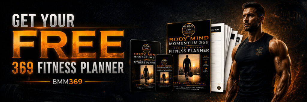 BMM369 free 369 fitness planner banner with dark cinematic background, planner mockup, athletic man, and orange brand lighting.