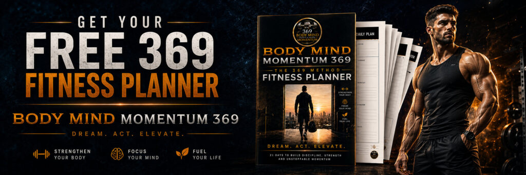 Body Mind Momentum 369 free fitness planner banner with planner mockup, workout pages, athletic man, and dark orange fitness branding.