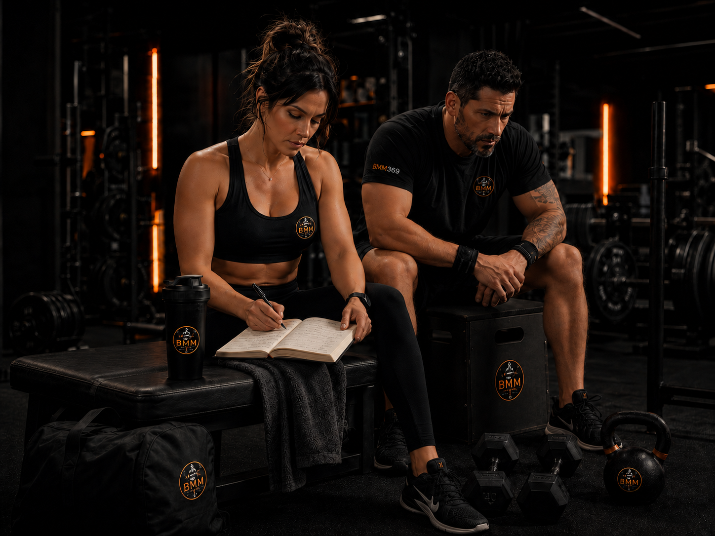 Man and woman in a dark gym using a fitness planner with BMM369 branded gear, representing training, mindset, discipline, and momentum.