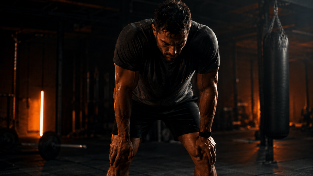 Male athlete standing in a dark gym with hands on knees, practicing controlled breathing between sets, with a punching bag in the background and orange cinematic lighting.