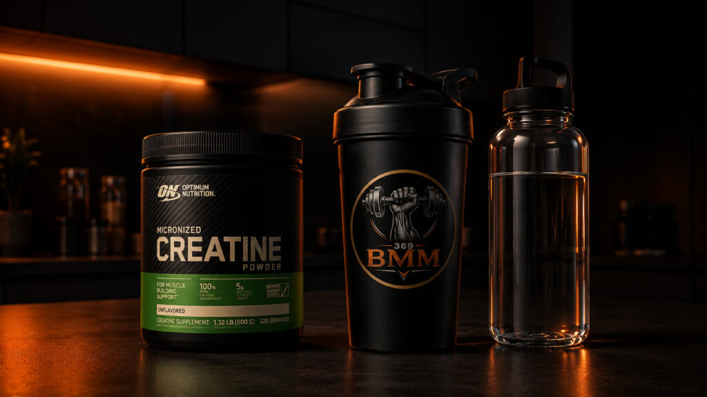 Creatine powder, shaker bottle, and water on a dark kitchen counter for strength training, muscle recovery, and smart supplement use.