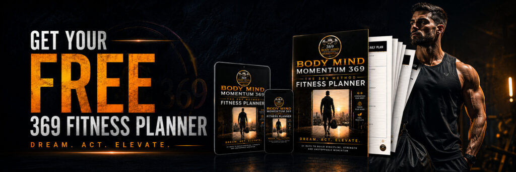 Free 369 Fitness Planner banner with Dream Act Elevate branding, planner mockup, athletic man, and dark cinematic orange lighting.