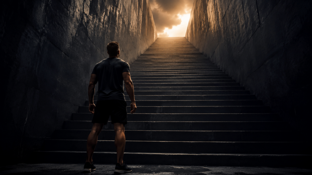Athletic man standing at the bottom of a dark stone staircase looking up toward an orange light, representing growth mindset and determination in the manifestation journey.