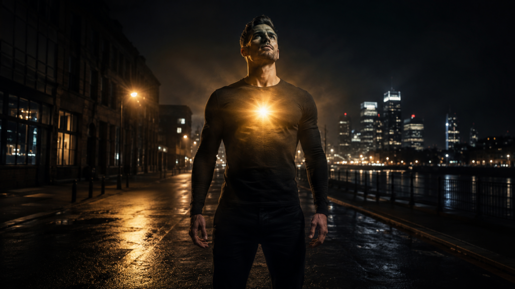 Athletic man standing in a dark urban environment at night with warm golden light radiating from his chest, representing positive thinking and the Law of Attraction in a manifestation mindset practice.