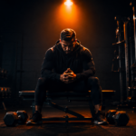 Athletic man sitting alone in a dark gym with orange overhead lighting, hands clasped in focus — representing a manifestation mindset before training.