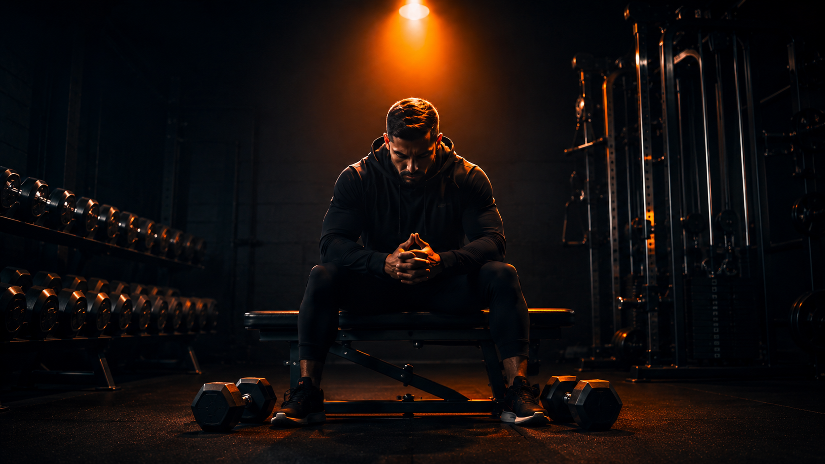 Athletic man sitting alone in a dark gym with orange overhead lighting, hands clasped in focus — representing a manifestation mindset before training.