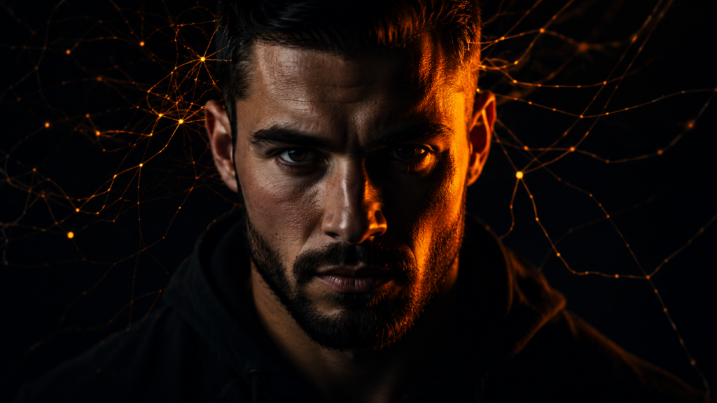 Athletic man with orange neural pathway lines radiating from his mind against a dark background, representing the science behind a manifestation mindset.