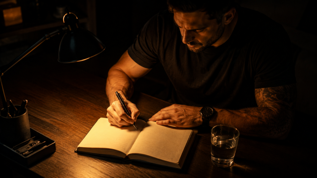 Athletic man writing in a journal under warm lamp light in a dark room, representing daily intention setting and affirmations as part of a manifestation mindset practice.